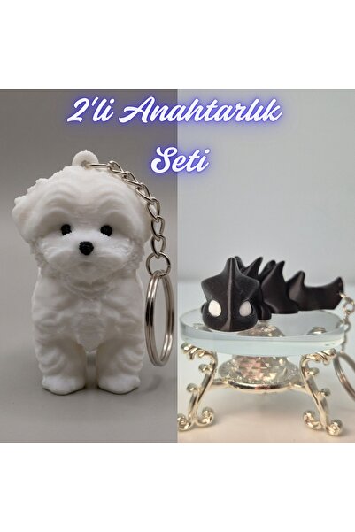3DAtölyeMaker White Maltese Terrier and Black Flexible Dragon Keychain