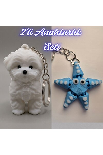 3DAtölyeMaker White Maltese Terrier and Light Blue Moving Starfish Keychain