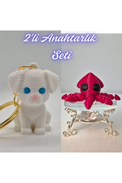3DAtölyeMaker White Knitted Pattern Dog-2 and Fire Engine Red Squid Keychain