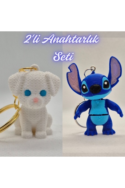 3DAtölyeMaker White Knitted Pattern Dog-2 and Blue Flexible Stitch Keychain