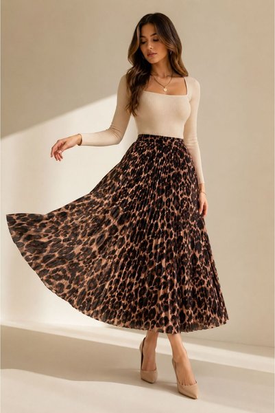 Gül Maison Women's Leopard Pattern Pleated Unlined Long Skirt