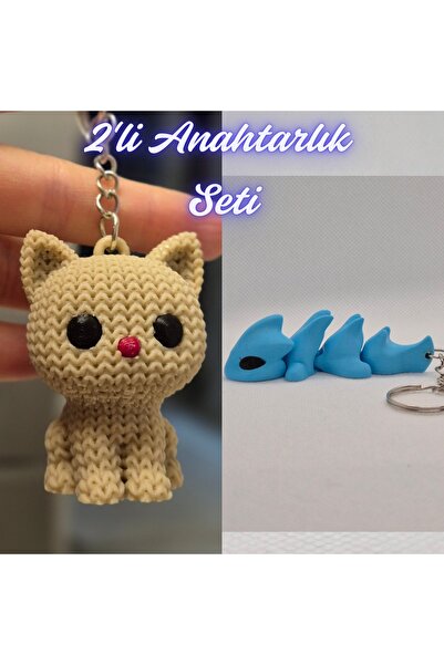 3DAtölyeMaker Cream Knitted Patterned Cat and Light Blue Flexible Dragon Keyc...