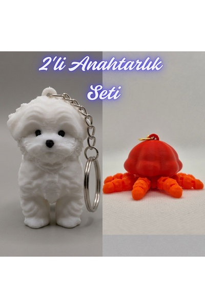 3DAtölyeMaker White Maltese Terrier and Orange Moving Jellyfish Keychain