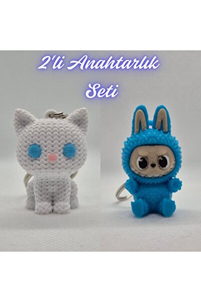 3DAtölyeMaker White Knitted Patterned Cat and Light Blue Labubu Keychain
