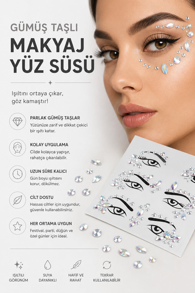 Yenilig Srebrni kamen za šminku, ukras za lice, sjajni kamen za lice, festiva...