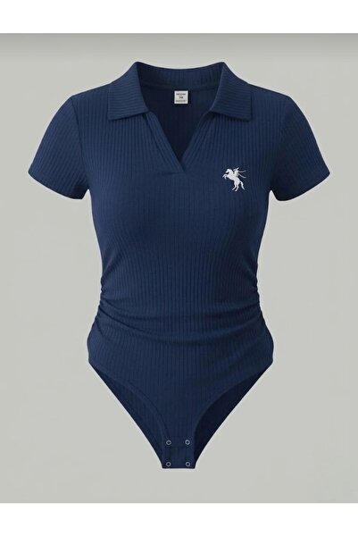 eyonnwear Embroidery Detailed Polo Collar Stretchy Ribbed Snap Fastener Women...