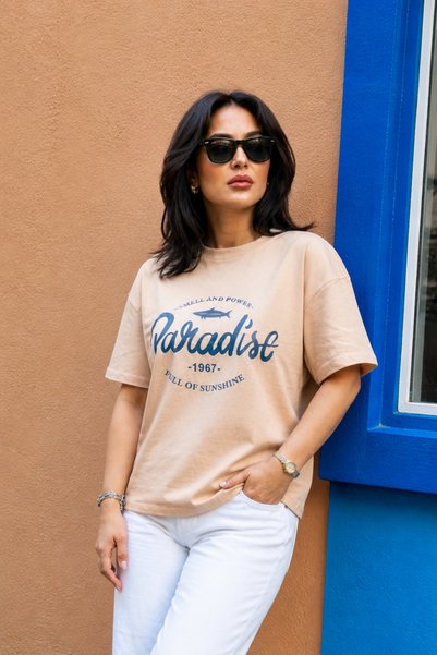 Merci Women's Mustard Color Cotton Oversize Printed Lycra Crew Neck T-Shirt