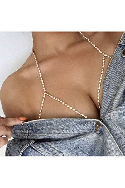 Ravinity Kristal Taşlı Altın Zincirli Üçgen Vücut Kolyesi, Taşlı Zincirli Bralet