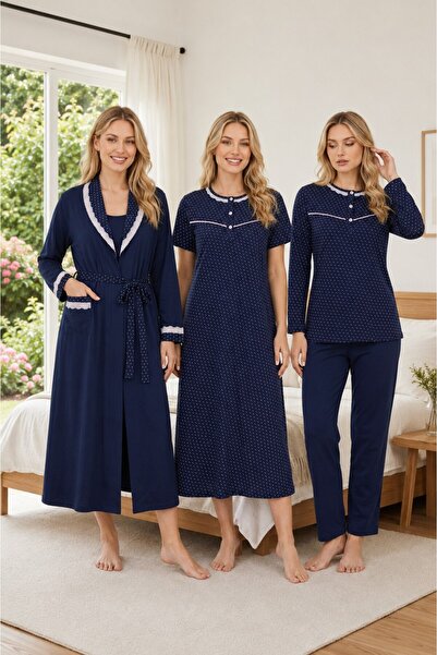 Lohussa New Season Women's Navy Blue Shawl Collar Patterned Buttoned Cotton P...