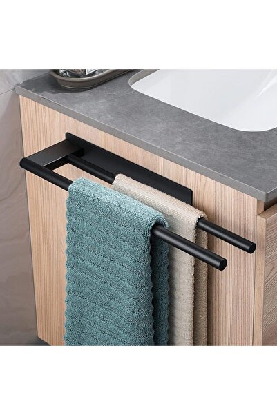 choice2 Black 2 Bar Bathroom Towel Racks No Drill Double Adhesive Towel Bar S...