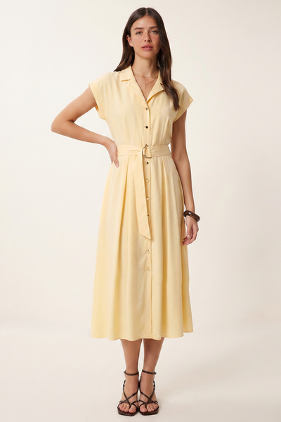 Lovelyİstanbul Belted Modal Shirt Dress Lub0360 Yellow