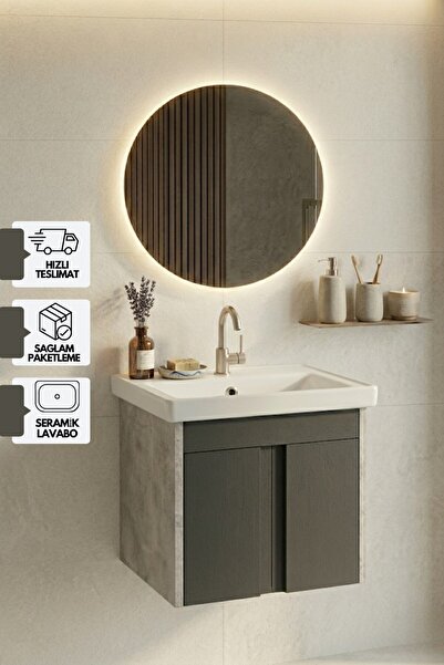 KAREN SERAMİK Lavanta 50 Cm, Led Aynalı, Banyo Dolabı Seti, Seramik Lavabo Da...