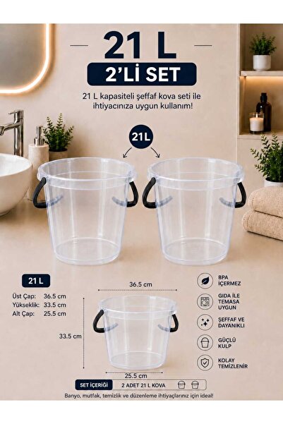 zemihra Kapaksız Su Kovası 21 Litre Şeffaf Temizlik Kovası 2'li Set Kapaksız ...