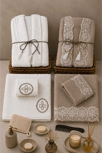 Mela Home Dream Boxed Jacquard Lace Bathrobe Set |   Bathrobe |   Towel & Tow...