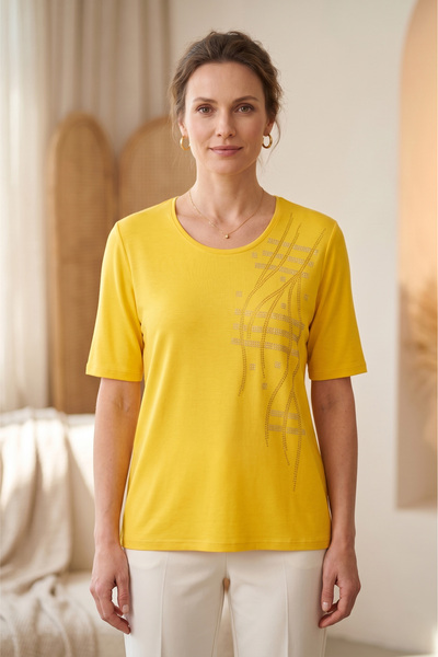 YXL COLLECTION Women's Plus Size Lycra Crew Neck Stone Print Short Sleeve Mom...