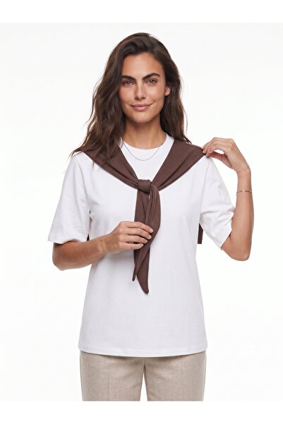 ONLOOX White Coffee Soft Textured Crew Neck Oversize Shoulder Shawl Detailed ...