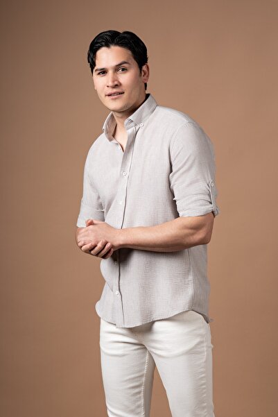 alenmeza Slimfit Collared Buttoned Folded Sleeve Linen Summer Shirt