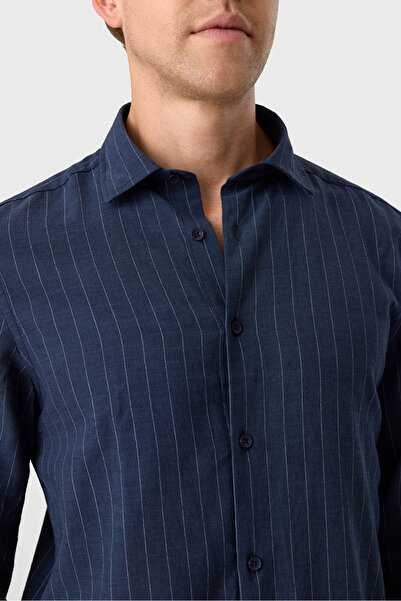 Back And Bond Linen Blend Striped Navy Blue Shirt