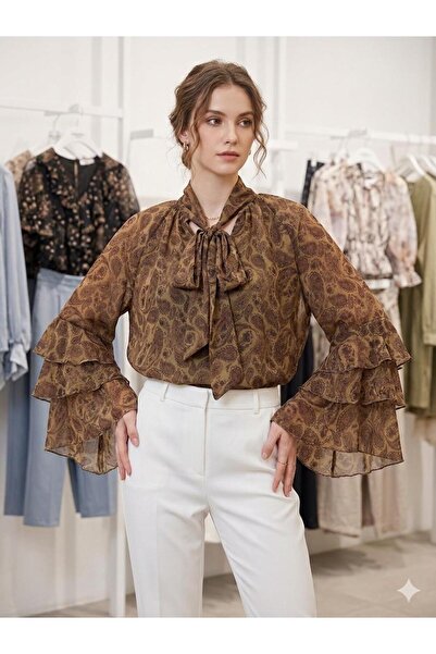 Lunea Womens Women's Mustard Yellow Patterned Halter Neck Chiffon Blouse with...