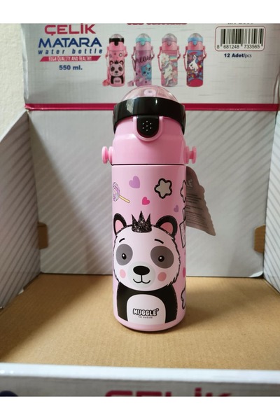 MUGGLE Pipetli Pandalı Pembe Çocuk Okul Çelik Matara 550ml