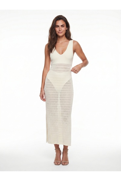 ONLOOX Ecru Acrylic Textured V-Neck Standard Fit Slit Openwork Detailed Sleev...