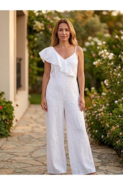 Punta Otantik Nc18280 Italian Sleeve Detailed Linen Jumpsuit White
