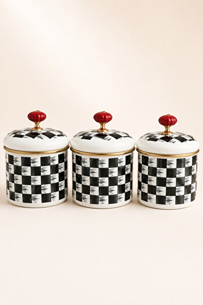 MİS KİTCHEN Checkered Patterned 3-Piece Enamel Storage Container with Lid and...