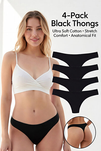 Yohannes Club Women'S, Cotton Basic Thong, 4-Pack, Black, Minimal Design