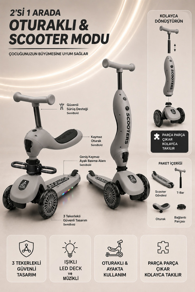 indirimsevinci 2’si 1 Arada Oturaklı Çocuk Scooter Led Işıklı Müzikli 3 Teker...