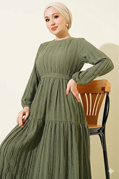 YAZGI MODA Şerit Fırfırlı Kuşaklı Elbise Çağla Yeşili