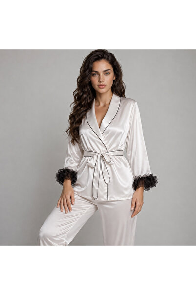 VELVIA Satin Pajama Set with Organza Ruffle Trim on the Pants and Robe