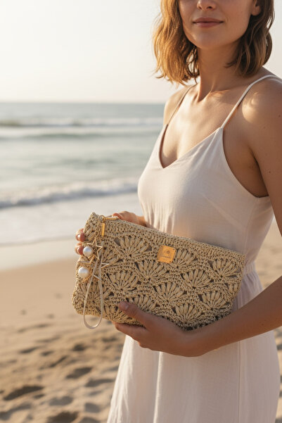 satürn hobi örgü tasarım Woven Leather Lined Straw Clutch Bag