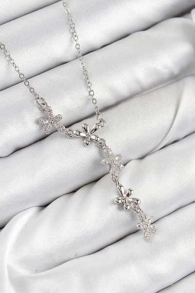 USLUCAN ALIŞVERİŞ 316L Steel Zircon Stone Flower Model Silver Color Women's N...