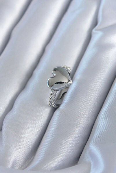 USLUCAN ALIŞVERİŞ Silver Color Brass Zircon Stone Heart Model Women's Ring