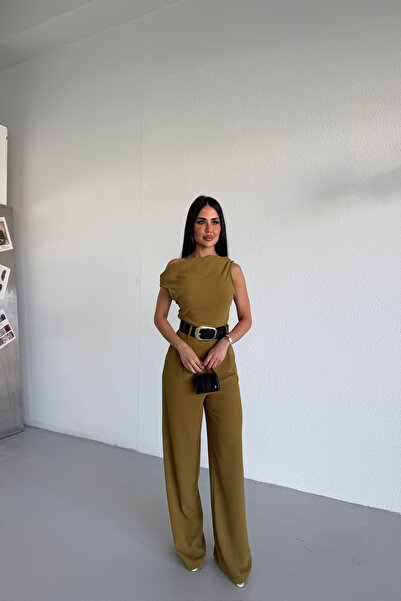 KAMACI BUTİK Degaje Yaka Belted Jumpsuit