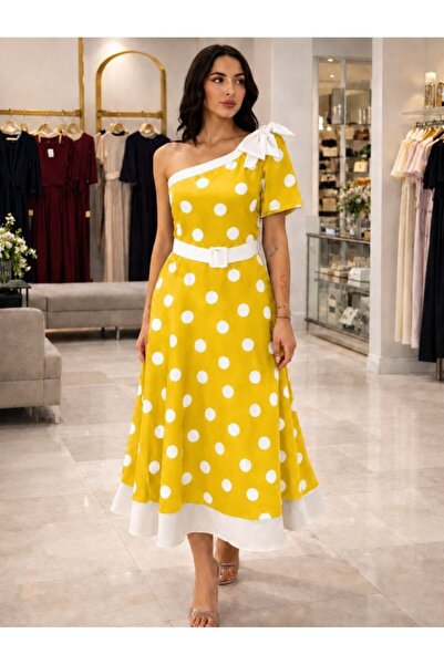 Generic Brand Rochie midi de damă, cu un singur umăr deschis, cu panglici pe ...