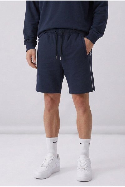 ELAFRO Men's Navy Blue Cotton Shorts with Side Piping, Front Pocket, Zipper and Back Pocket