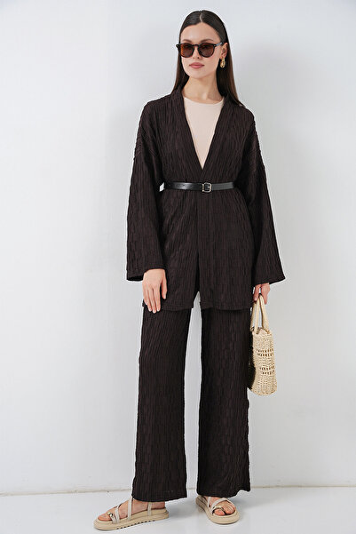 Merterium Women's Kimono Pants Double Set - Brown 1408