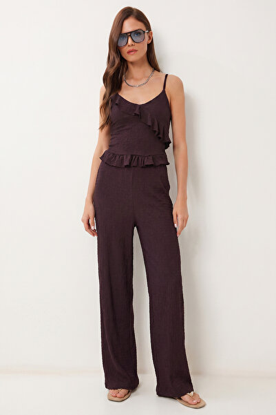 Lovelyİstanbul Flounced Blouse Pants Crinkle Set Lfw0025 Mürdüm