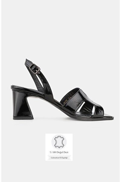 TUNAELLİ Women's Black Patent Leather Genuine Natural Leather Thick Heel Open...
