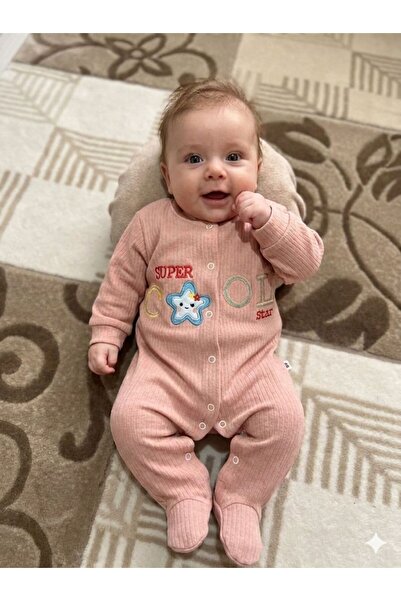 Burber Kids Wear Bebek Fitilli Ribana Kendinden Patikli Tulum - Nakışlı ve Pa...