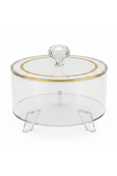Yuniverse Round Acrylic Candy Box with Lid | Crystal Knob | Gold Rim | 16×10 cm