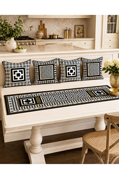 HOMESSA Siyah Krem Geometrik Desenli Luxury Runner ve 4’lü Kırlent Kılıfı Seti