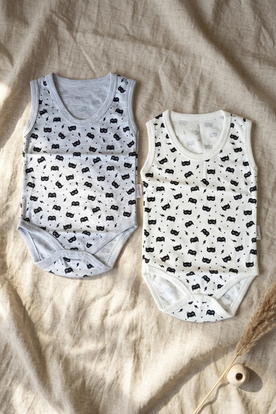 Generic Brand 2-Piece 100% Cotton Sleeveless Baby Bodysuit Set - Gray and Ecr...