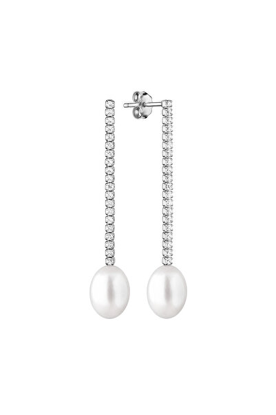 MANAVA Long silver earrings with natural pearls - Tennis Drop