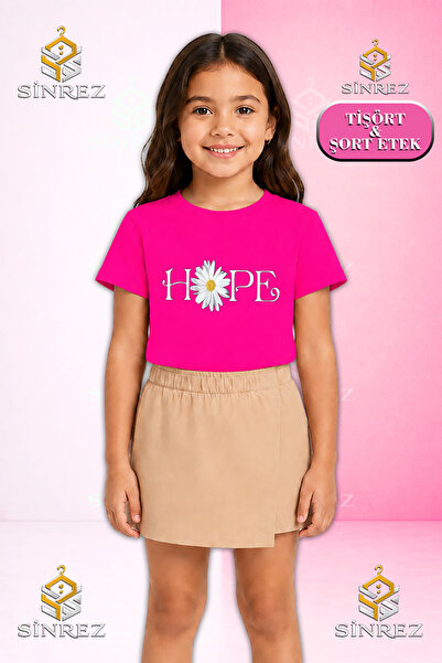 SİNREZ Girl's Set Papatya Hope Printed Short Sleeve T-Shirt Shorts Skirt