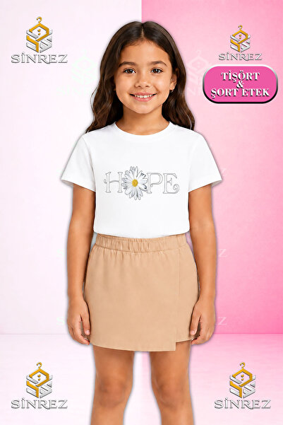 SİNREZ Girl's Set Papatya Hope Printed Short Sleeve T-Shirt Shorts Skirt