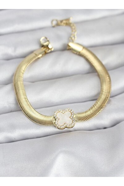 Çelik 316L gold renk beyaz yonca model zirkon taşlı yılan zincirli kadın bilekliği