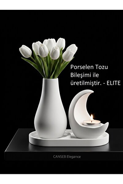 CANSEB Elegance 13CM Çiçek Pampas Vazosu & 11CM Hilal Mumluk & 17CM Oluklu Te...
