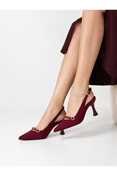 TopukluShoes Bordo Sivri Burun Slingback Kadın Topuklu Ayakkabı Taş Detaylı